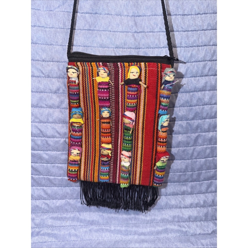 Handmade Mexican‎ Worry Doll Crossbody Bag Multicolor Boho Folk Art Purse Fringe
